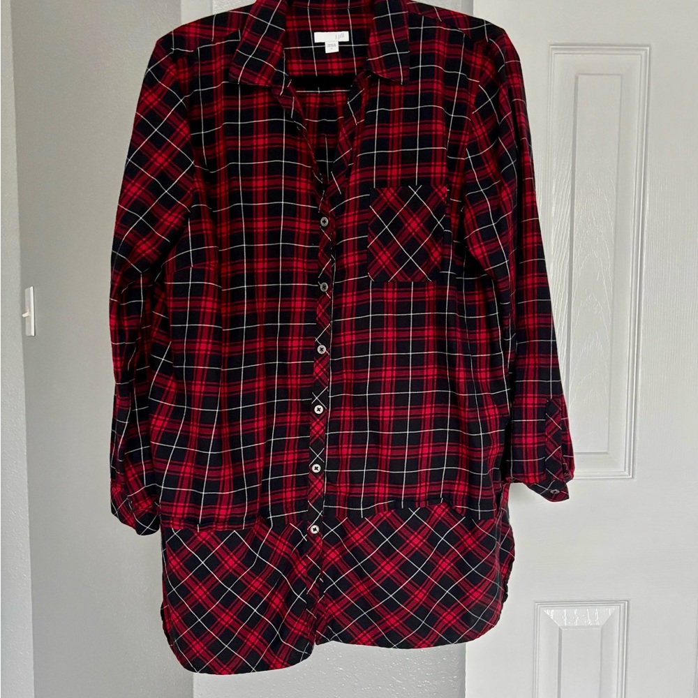 J. Jill Red and Black Plaid Shirt Size L Buttons Pocket Cotton Comfy